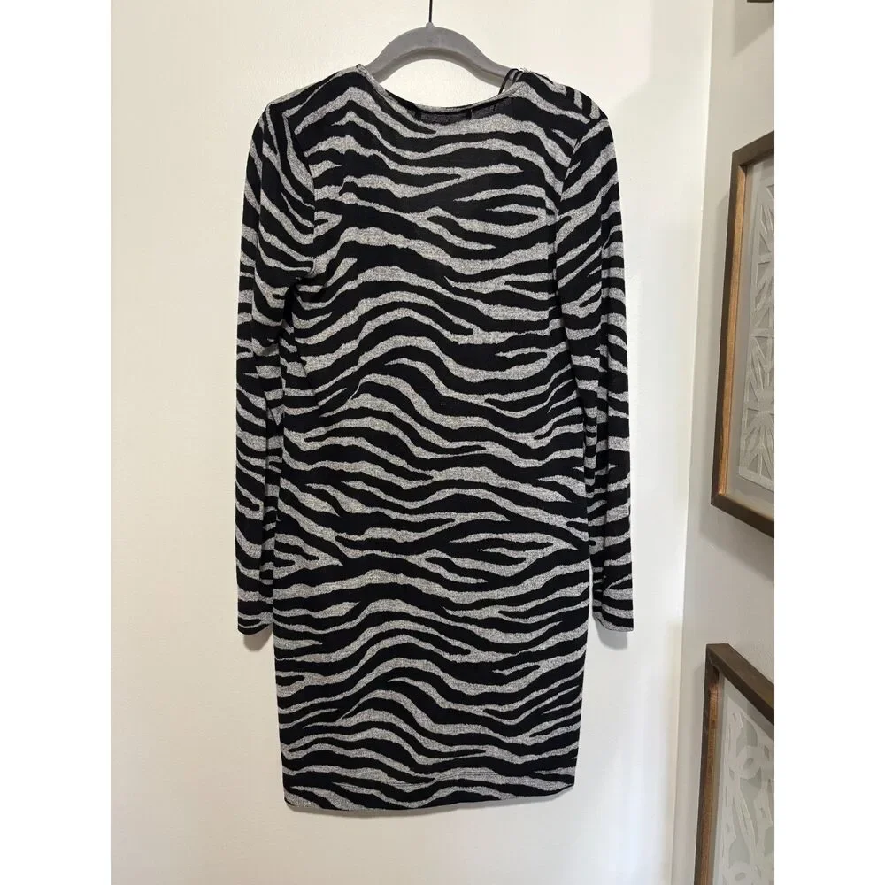 Michael‎ Kors Zebra Print Quarter Zip Dress Womens Medium Stretch Bodycon Mini